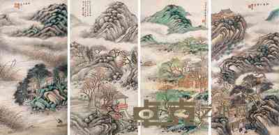 屠墉 四季山水图 四屏片 57×27cm×4